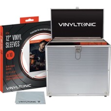 VINYLTONIC – MALETA PARA VINILOS 40 LPS SILVER + 10 FUNDAS + PAÑO