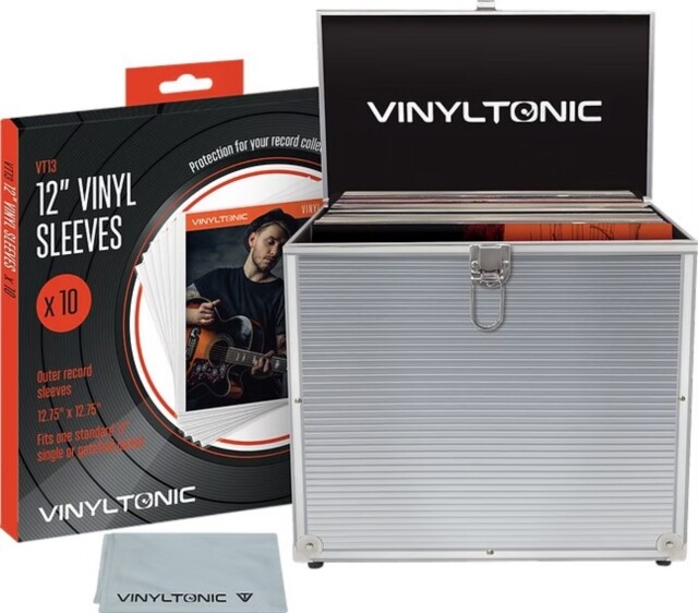 MUSICLAND VINYLTONIC – MALETA PARA VINILOS 40 LPS SILVER + 10 FUNDAS + PAÑO